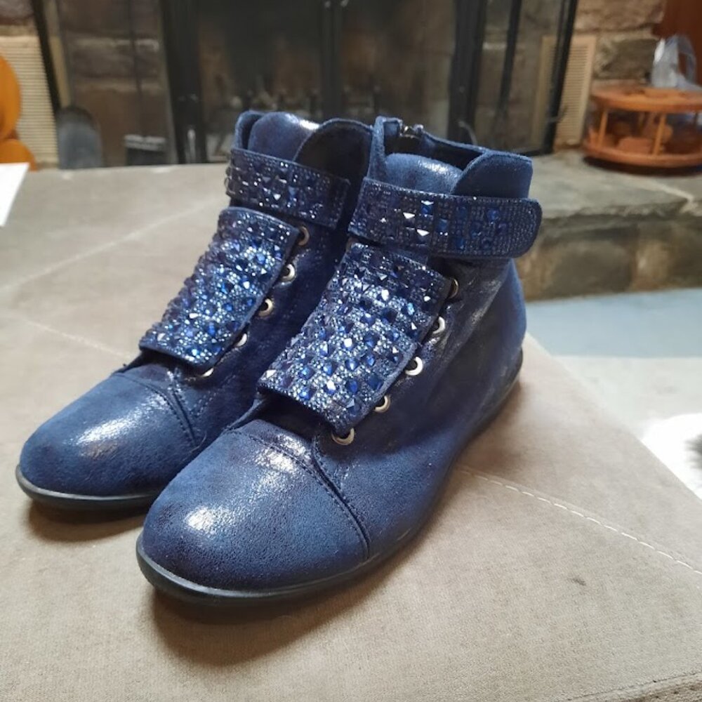 Lady Couture Rock Blue Shimmer & Rhinestone High Top Wedge Sneakers Sz 8